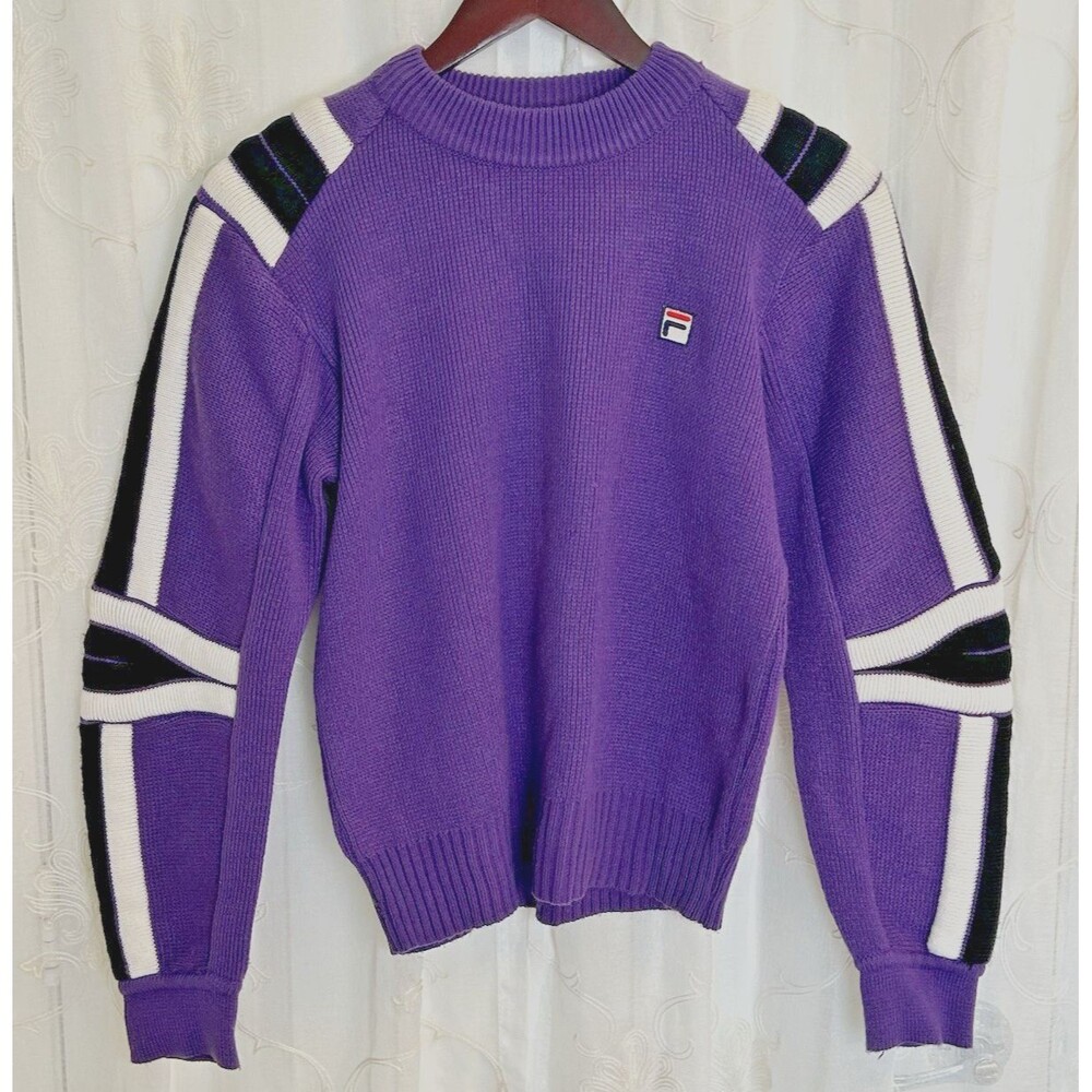 Vintage 80s FILA Maglificio Biellese Knit Ski Sweater Purple Striped Italy Borg